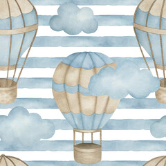 Watercolor baby seamless pattern with hot air balloon, clouds. Hand drawn cute  illustration on striped background