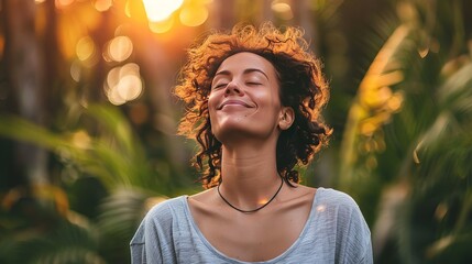 Relaxed woman enjoying nature's calm, embracing a mindful and healthy way of life.