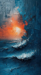 Vibrant Oil Painting of a Dramatic Sunset over the Ocean with Wavy Clouds in the Background