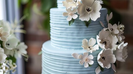 Retro wedding cake in soft blue with playful icing