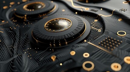 Sleek black 3D surface with gold digital clockwork embedded within