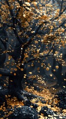 3D stylized black tree with golden leaves in an enchanted forest