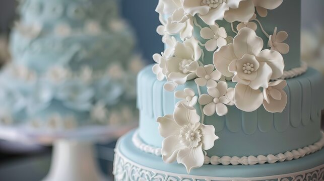 Retro wedding cake in soft blue with playful icing