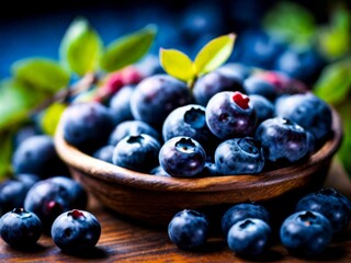 A wooden bowl full of blue berries, fruit photography, for advertisement commercial promo, macro - Powered by Adobe