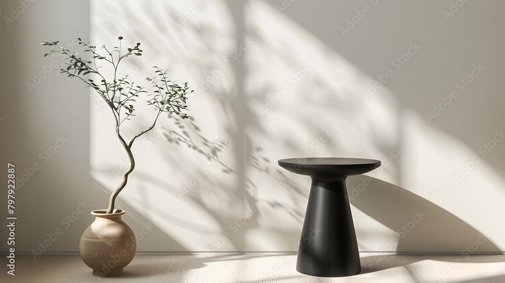 Poster sophisticated black side table in a simple setting. illustrating functionality and environmentally c