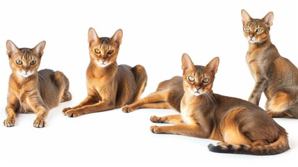 Group portrait of four lively Abyssinian cats, elegantly poised against a stark white background