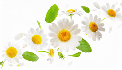 chamomile flowers falling or floating in the air isolated on white background with green leaves. Generative AI, - 797922886