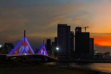 Amazing Mekong river bridge Koh Korea Phnom penh Cambodia with sun set