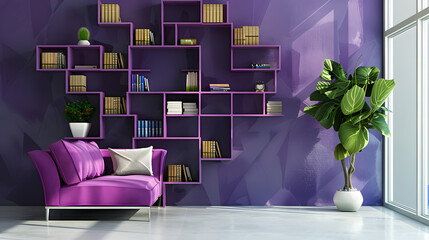 Stylish purple bookshelf in a modern setting. showcasing adaptability and green design