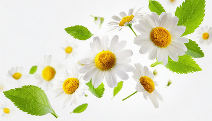chamomile flowers falling or floating in the air isolated on white background with green leaves. Generative AI, - 797923034