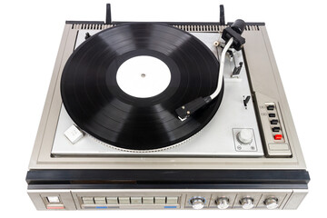 Vintage turntable record player with black vinyl