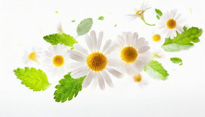 chamomile flowers falling or floating in the air isolated on white background with green leaves. Generative AI, - 797923286
