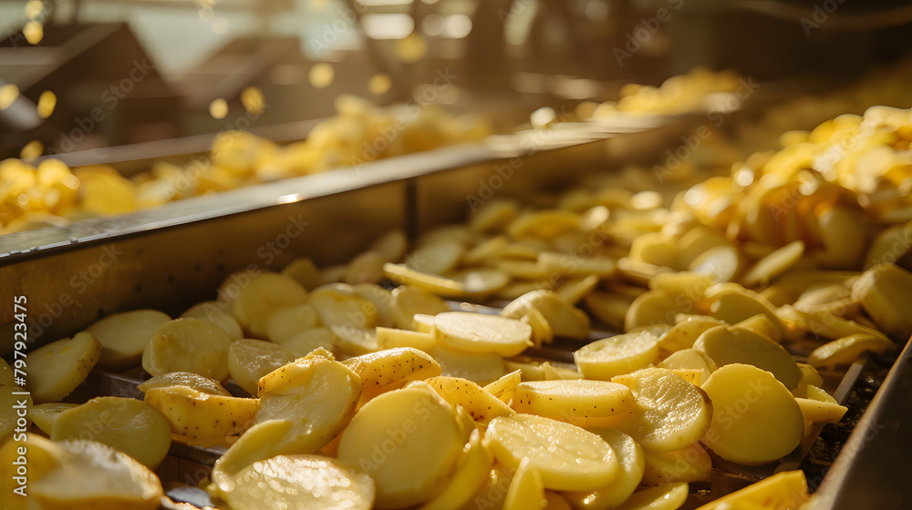 Poster the food manufacturing unit is overflowing with slices of potatoes being cut and segmented on the as