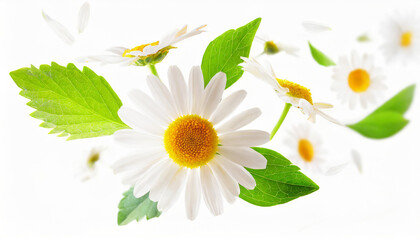 chamomile flowers falling or floating in the air isolated on white background with green leaves. Generative AI, - 797923418