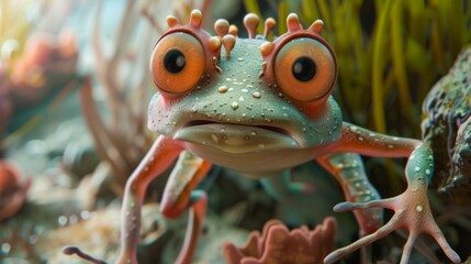 A playful and colorful rendition of a frog with exaggerated features amidst a fantasy-like underwater scene