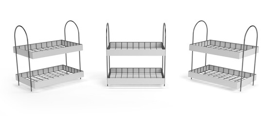 2 Tier Metal Shelf For Supermarket. Empty Product Display Stand. PDQ Display Stand With Three Different View. 3D Rendered.