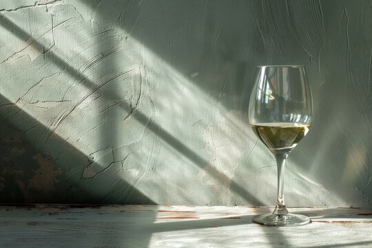 a glass of white wine or champagne. Chiaroscuro from the window. Close-up, copy space. Beautiful simple AI generated image in 4K, unique.