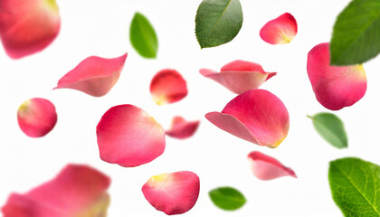red rose petals falling or floating in the air isolated on white background with green leaves. Generative AI, - 797924097