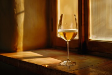a glass of white wine or champagne. Chiaroscuro from the window. Close-up, copy space. Beautiful simple AI generated image in 4K, unique.