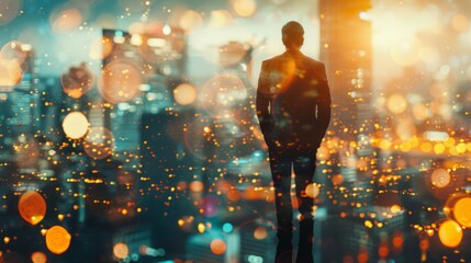 Rear view of businessman standing with his hands in pockets and looking at city with double exposure of network hologram. Concept of hi tech in business.