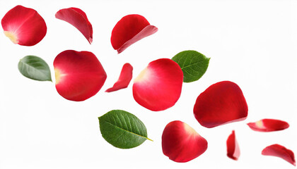 red rose petals falling or floating in the air isolated on white background with green leaves. Generative AI, - 797924269
