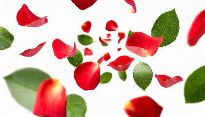 red rose petals falling or floating in the air isolated on white background with green leaves. Generative AI, - 797924488