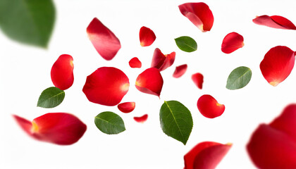 red rose petals falling or floating in the air isolated on white background with green leaves. Generative AI, - 797924620