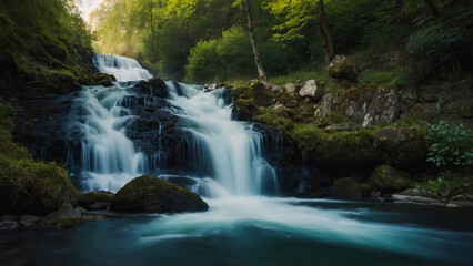 Landscape with river and forest with green trees. Silky crystal water and long exposure. Ordesa Pyrenees.
