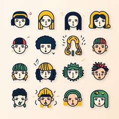Collection of Diverse Girl Icons, simple line drawings, bright vector patterns for design ,  simple lines drawing