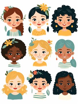 Bright faces of young girls vector icons, diverse girls collection, simple flat graphics for creators ,  childlike drawing