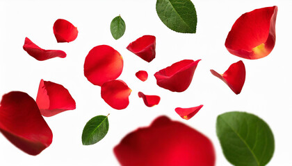 red rose petals falling or floating in the air isolated on white background with green leaves. Generative AI, - 797925082