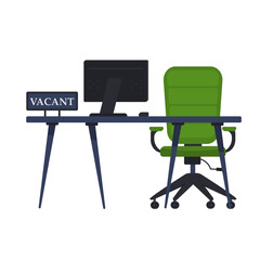 PNG, Empty office chair with vacant sign. Employment, vacancy and hiring job concept. Vacant workplace for employee. The concept of hiring and recruiting a business, search employee.
