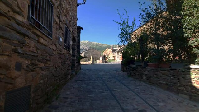 Picturesque streets with stone houses next to the mountain of central Spain, Guadalajara.