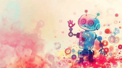 Colorful artistic representation of a robot surrounded by floating gears in a dreamlike setting.