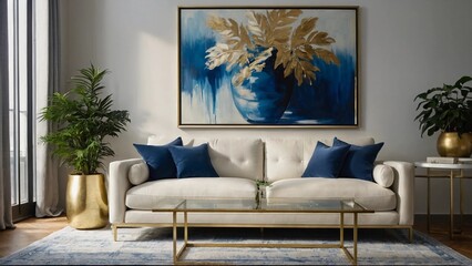 living room interior,A blue and white painting hangs above a white couch with blue pillows. A gold vase is placed beside the couch and a gold table sits in front of it. A potted plant is placed.