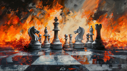 A painting of a chess board with a fire in the background