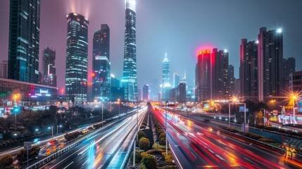 Fototapeta na wymiar Shenzhen city buildings at night and blurred car lights