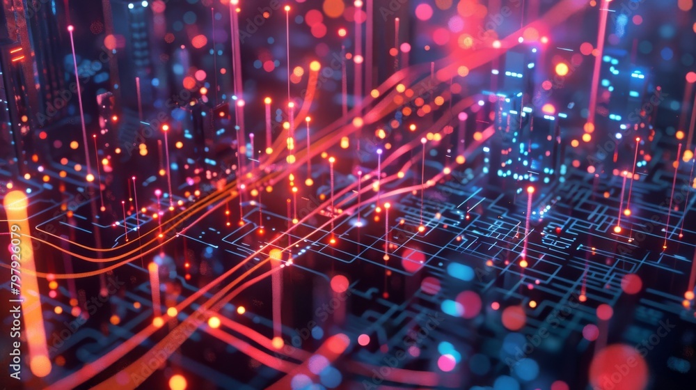 Aufkleber Smart city and abstract line and dot connect with gradient line design , big data connection technology concept. 3d render