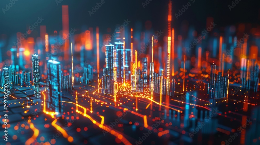 Poster Smart city and abstract line and dot connect with gradient line design , big data connection technology concept. 3d render