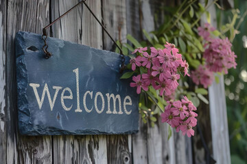 a slate board sign with "welcome" text on it hanging on a rustic wooden wall surrounded by flowers