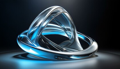 an abstract 3D object with amorphous shapes made of glass, silver and dark blue plastic. Dark background. - obrazy, fototapety, plakaty