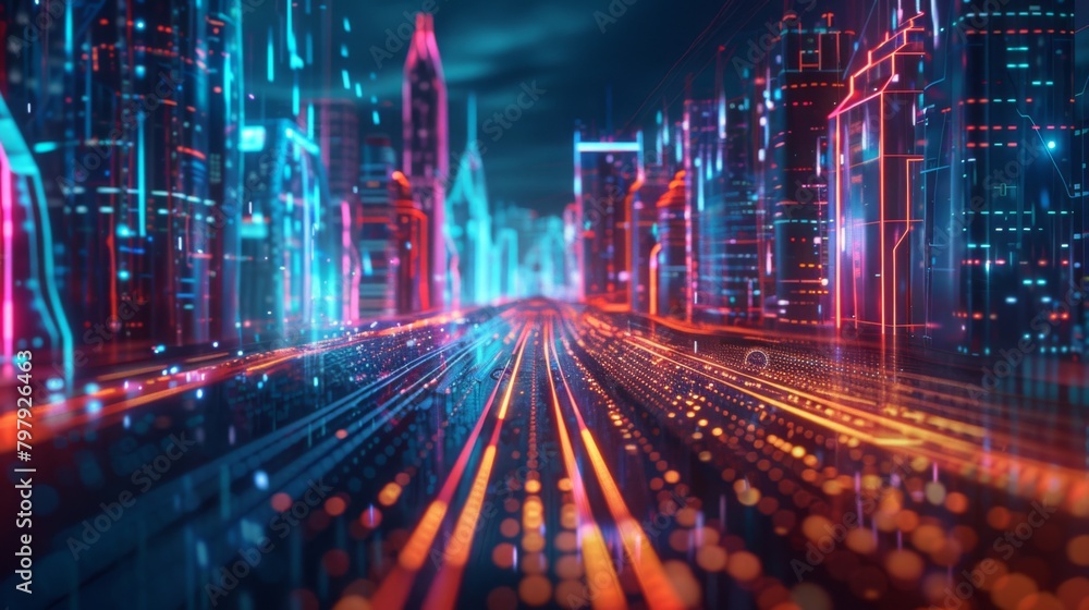 Leinwandbilder Smart city and abstract polygon pattern connection with speed line light, big data connection technology concept.