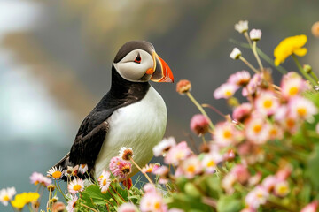 A quirky and adorable puffin with its distinctive orange beak. - obrazy, fototapety, plakaty