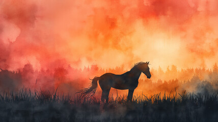 A horse is standing in a field of grass with a sunset in the background