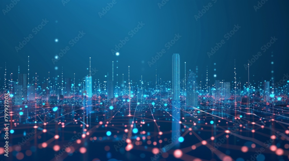 Leinwandbilder Smart city connection dot point connect with line network, technology metaverse concept.Big data connection technology. Telecommunication and communication network concept.