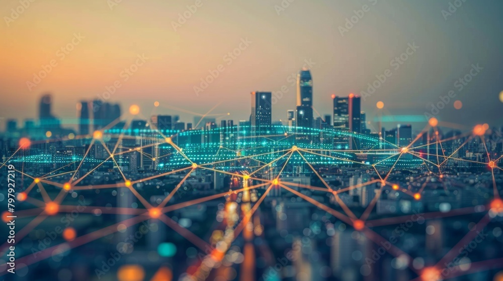 Leinwandbilder Smart city connection dot point connect with line network, technology metaverse concept.Big data connection technology. Telecommunication and communication network concept.