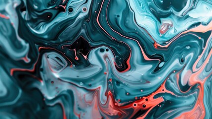close up of abstract fluid art, light blue and teal paint swirls with peach highlights, red details, dark black lines, high contrast