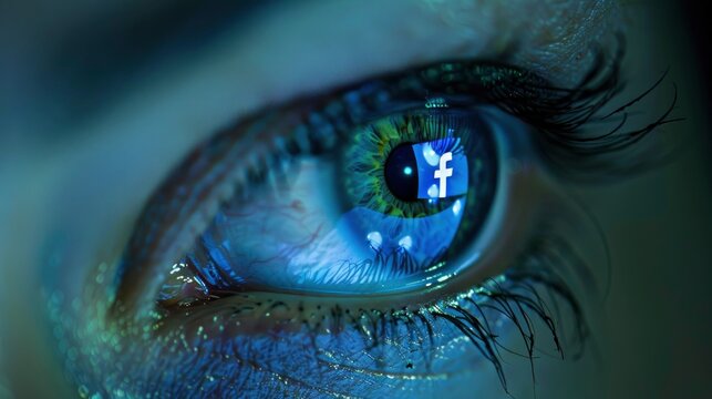 Close up of a woman's eye with the Facebook logo in her reflection, high resolution photography