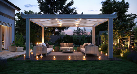A modern wooden Pergola with slats and canopy on the grass, with seating furniture under it, surrounded by lights, set in an outdoor area of your home or garden