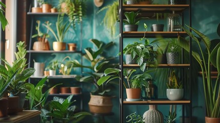 Lush Indoor Plant Collection on Shelves